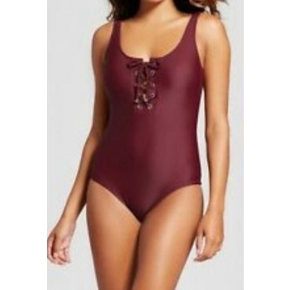 Mossimo One Piece Swimsuit Women Small Wine Lace Up Swim Swimwear Bathing suit